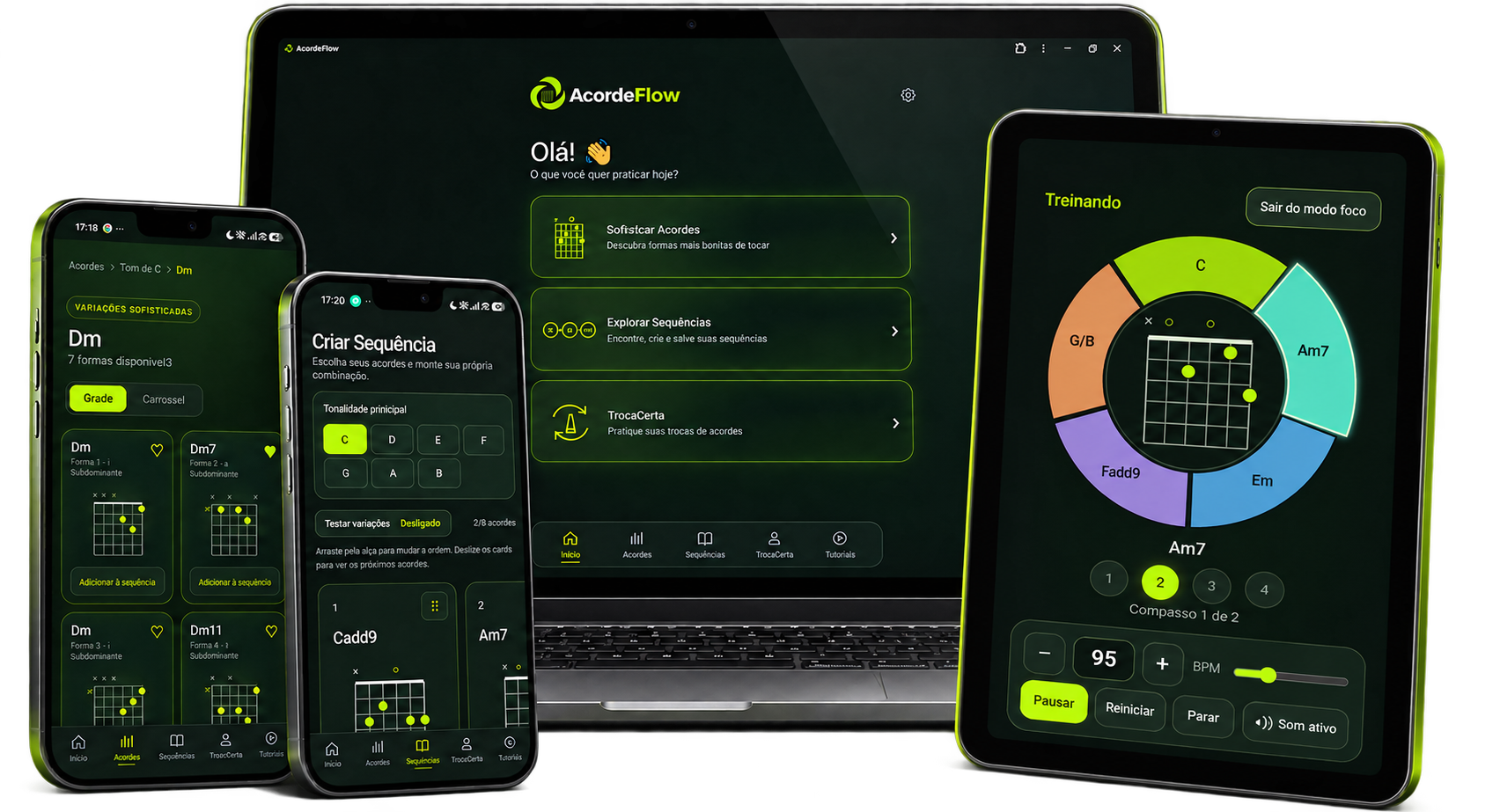 Mockup oficial do AcordeFlow: notebook com a tela inicial, tablet vertical com TrocaCerta e celulares com variações de acordes e criação de sequências